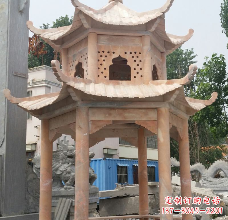 福建晚霞红双层六角凉亭石雕 (2)