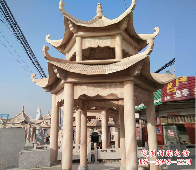 福建晚霞红双层六角凉亭石雕 (3)
