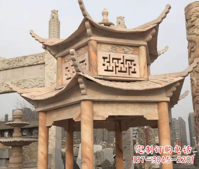 福建晚霞红双层石雕凉亭