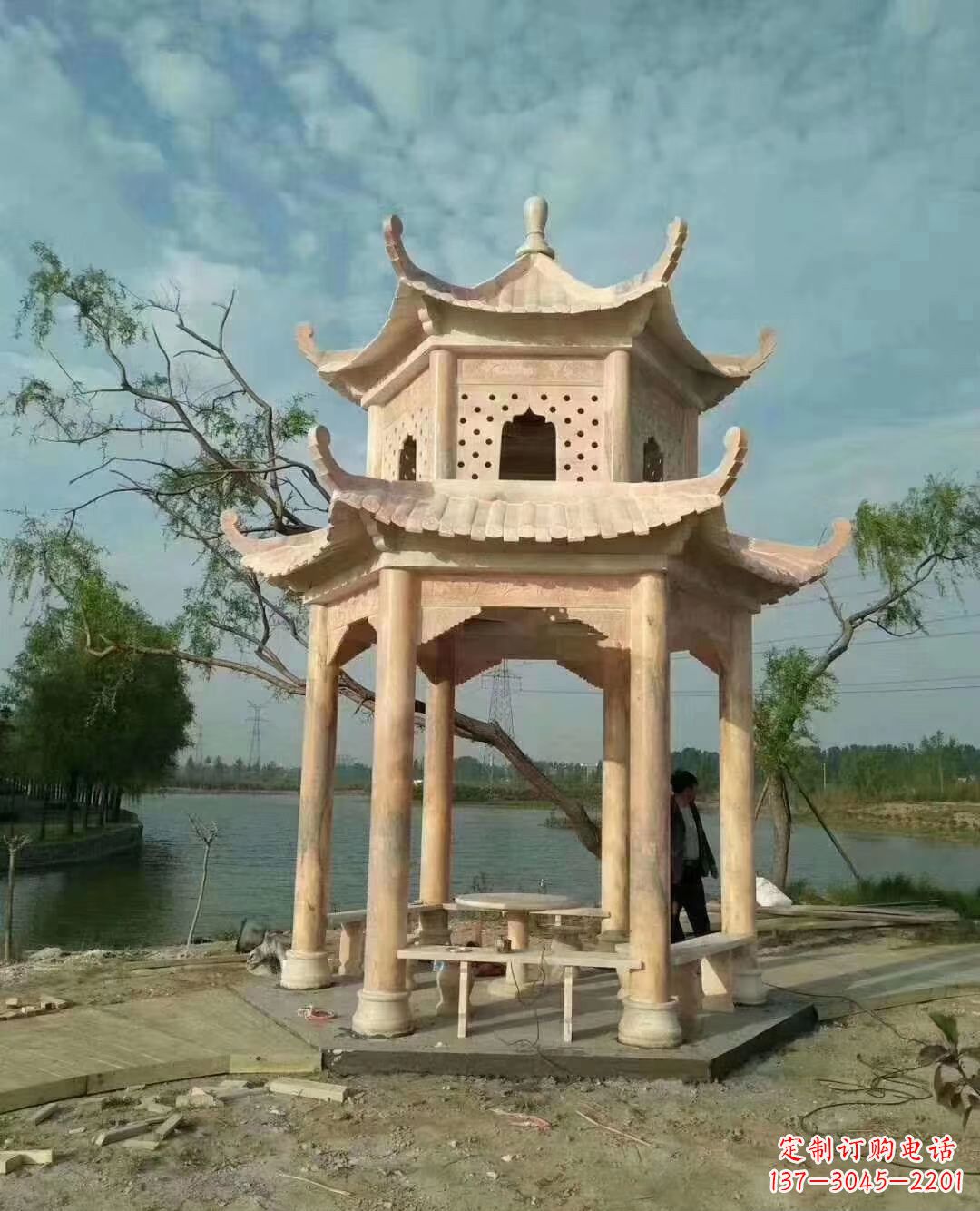福建晚霞红双层石凉亭 (2)