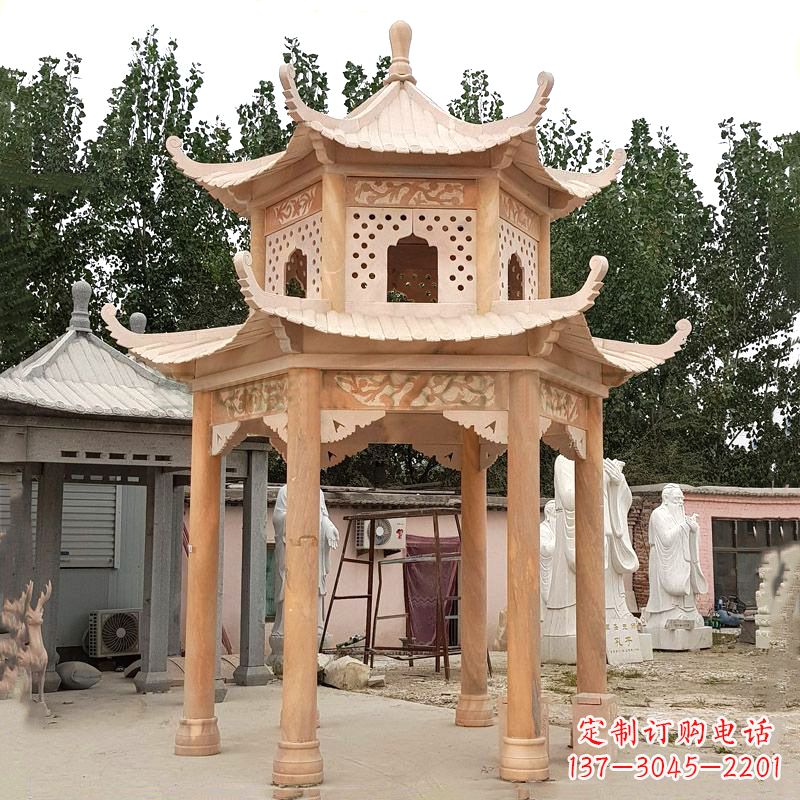 福建晚霞红双层石凉亭