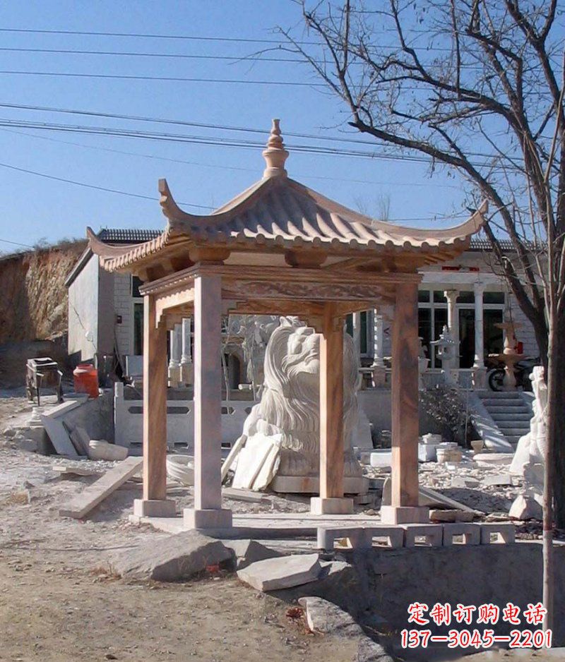 福建晚霞红四角凉亭景观石雕