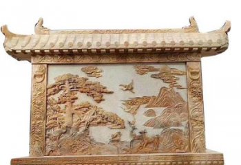 福建晚霞红松鹤延年浮雕影壁