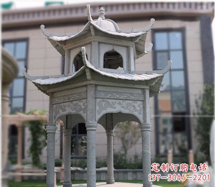 福建小区大理石六角石雕双层凉亭