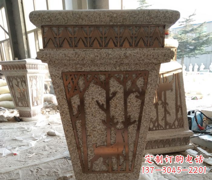 福建小区大理石梅花鹿石浮雕花盆