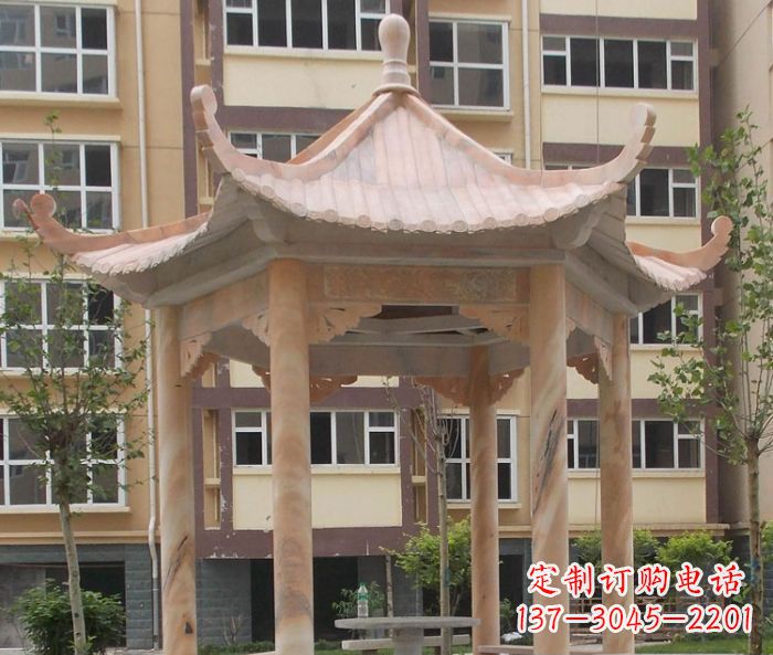 福建小区晚霞红六角凉亭石雕