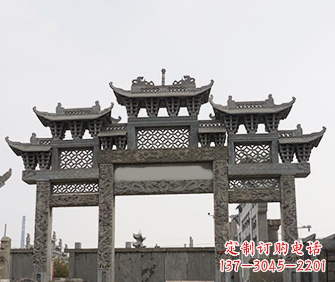福建园林仿古三门牌坊石雕 (4)