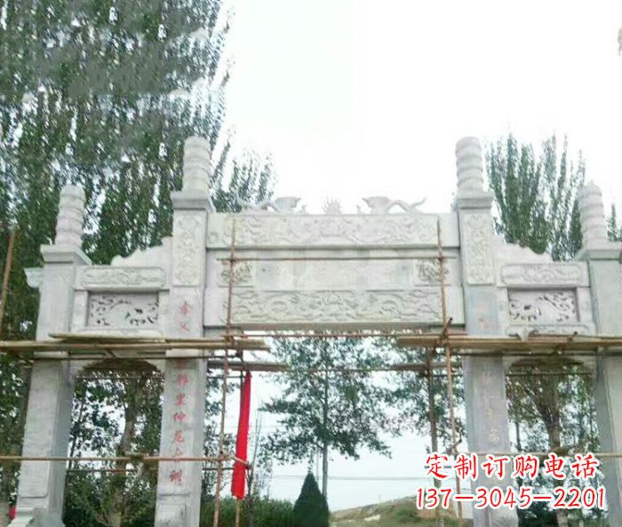 福建园林仿古三门牌坊石雕 (3)
