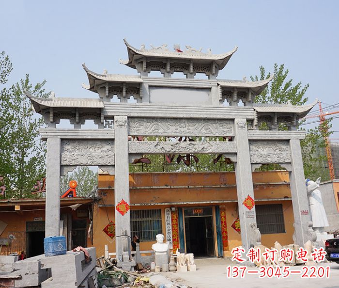 福建园林仿古三门牌坊石雕 (5)