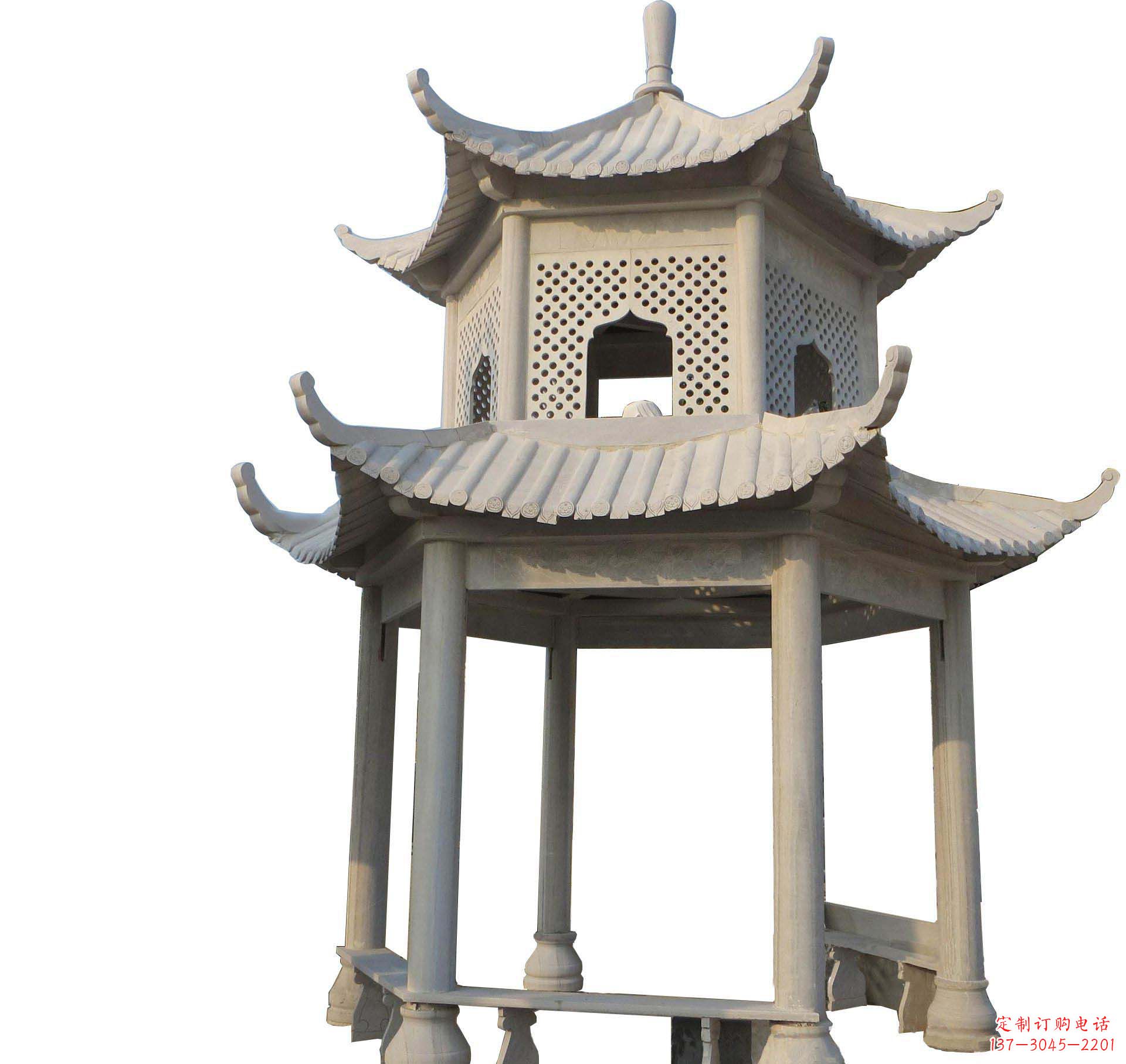福建园林景观大理石六角石雕双层凉亭