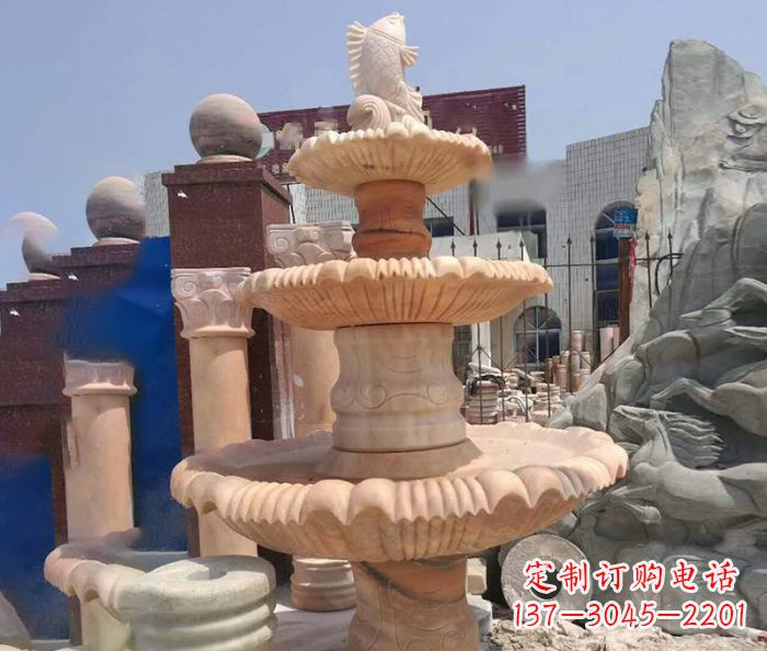 福建园林景观晚霞红鲤鱼喷泉石雕