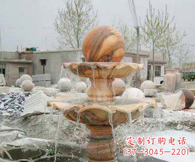 福建园林景观晚霞红风水球喷泉石雕