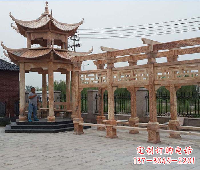 福建园林景观晚霞红凉亭长廊石雕