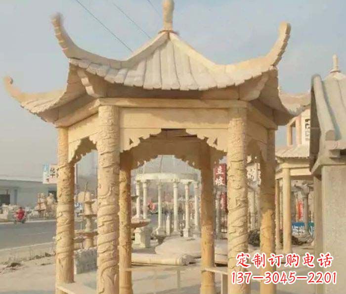 福建园林景观晚霞红六角石雕凉亭 (3)