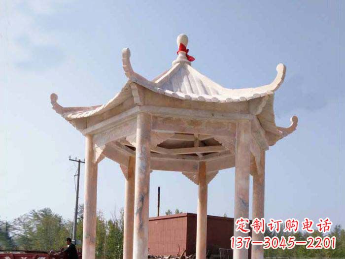 福建园林景观晚霞红六角石雕凉亭