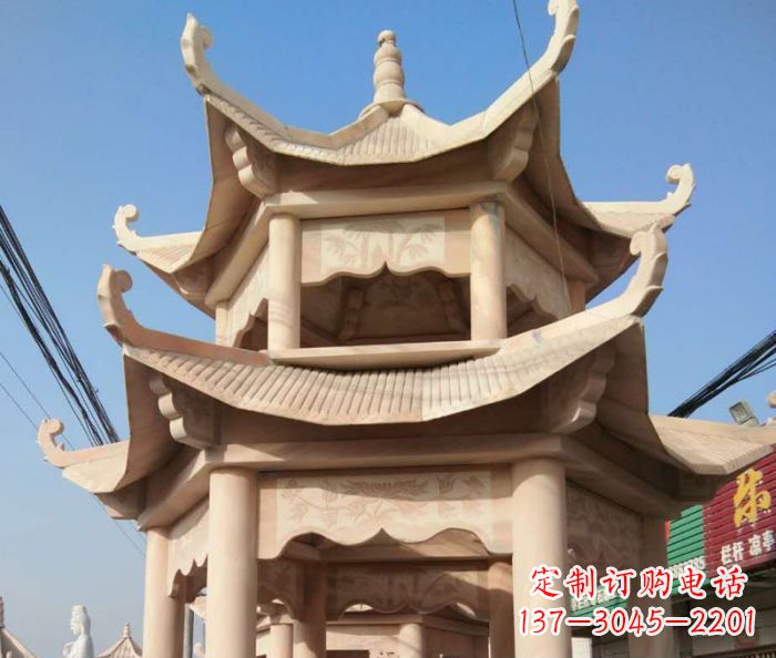 福建园林景观晚霞红双层石雕凉亭 (2)