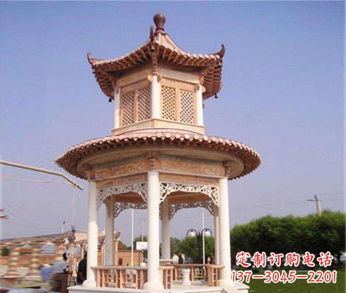 福建园林景观晚霞红双层石雕凉亭 (4)
