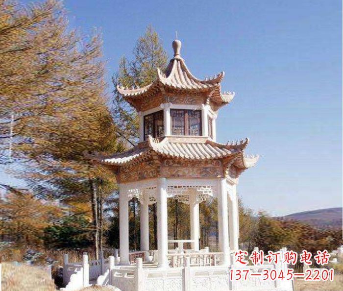 福建园林景观晚霞红双层石雕凉亭 (3)