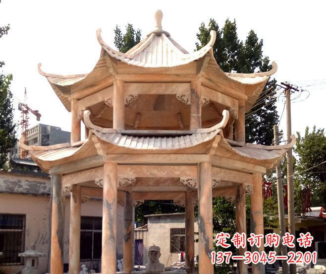 福建园林景观晚霞红双层石雕凉亭