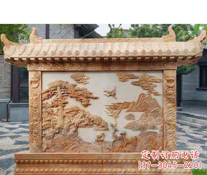 福建园林景观晚霞红松鹤石浮雕影壁