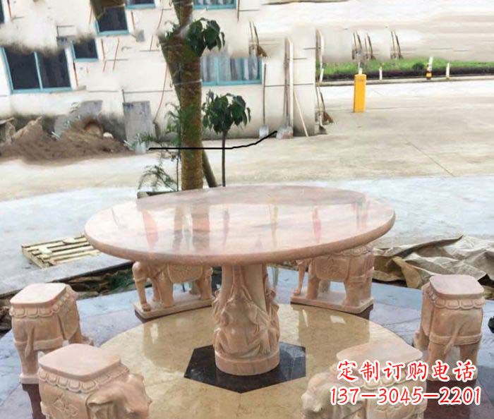 福建园林景观晚霞红小象桌凳石雕