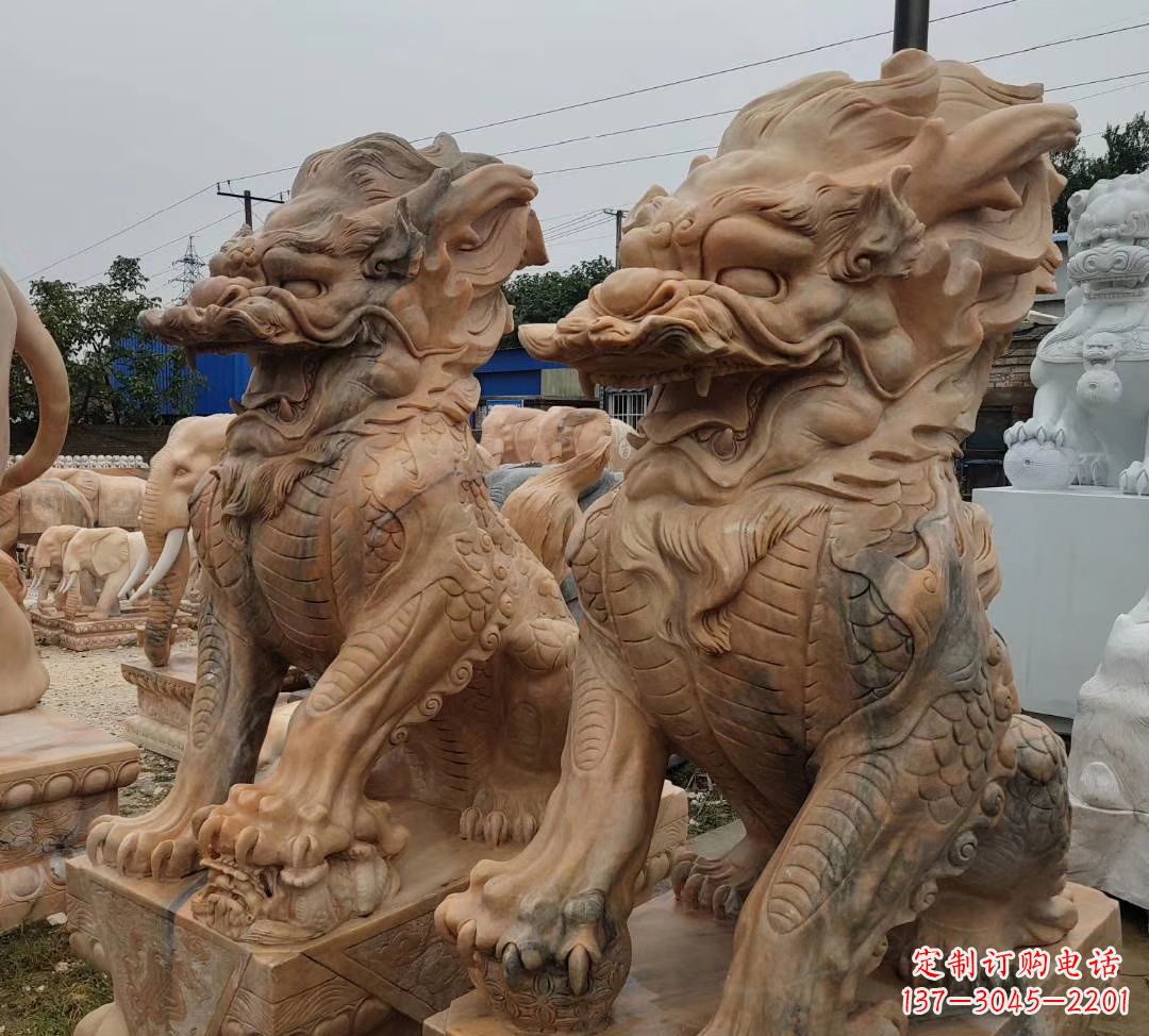 福建园林晚霞红古代招财神兽麒麟石雕