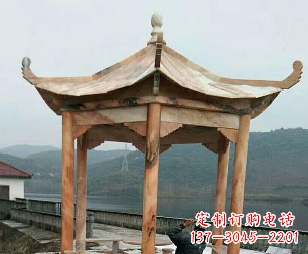 福建园林晚霞红单层石凉亭景观石雕