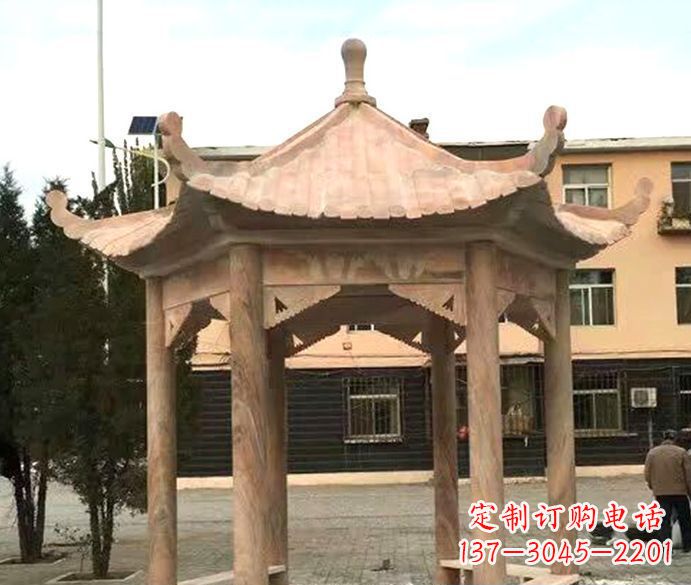 福建园林晚霞红六角石雕凉亭