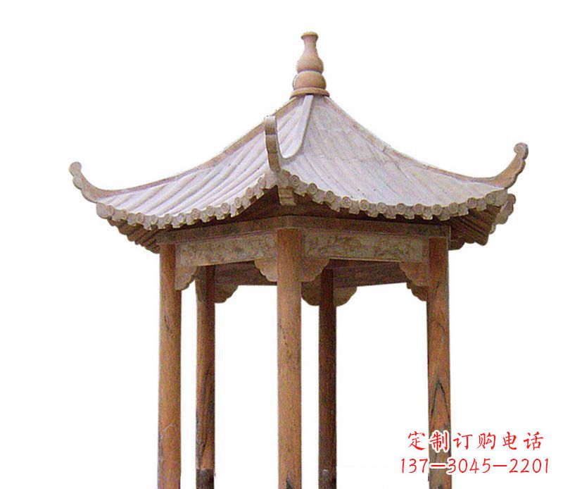 福建园林晚霞红六角石凉亭景观石雕 (2)