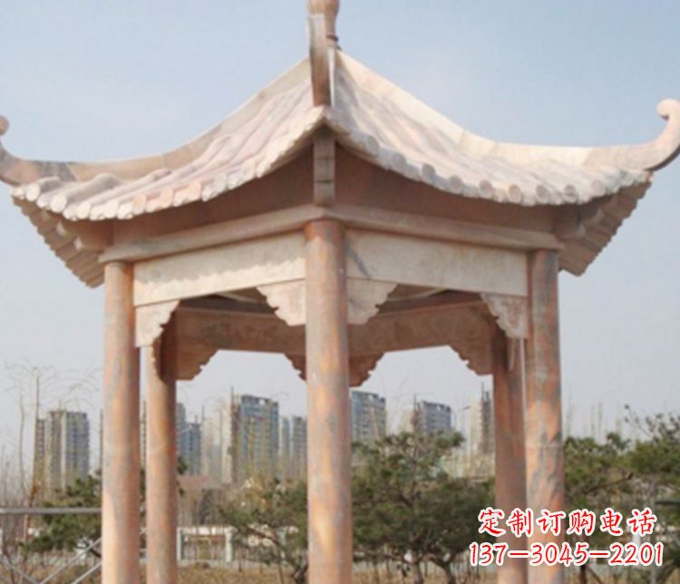 福建园林晚霞红六角石凉亭景观石雕