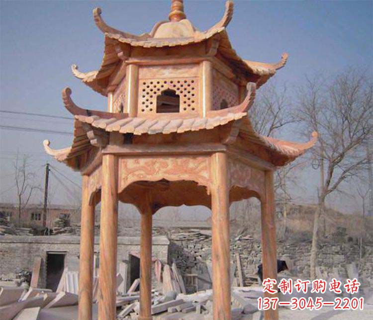 福建园林晚霞红石凉亭景观石雕