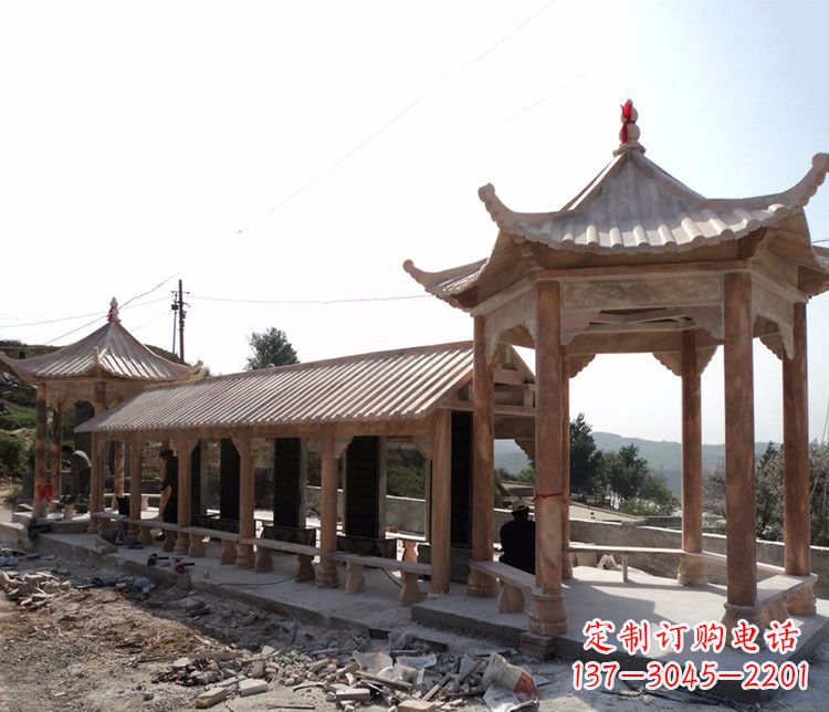 福建园林晚霞红长廊凉亭景观石雕