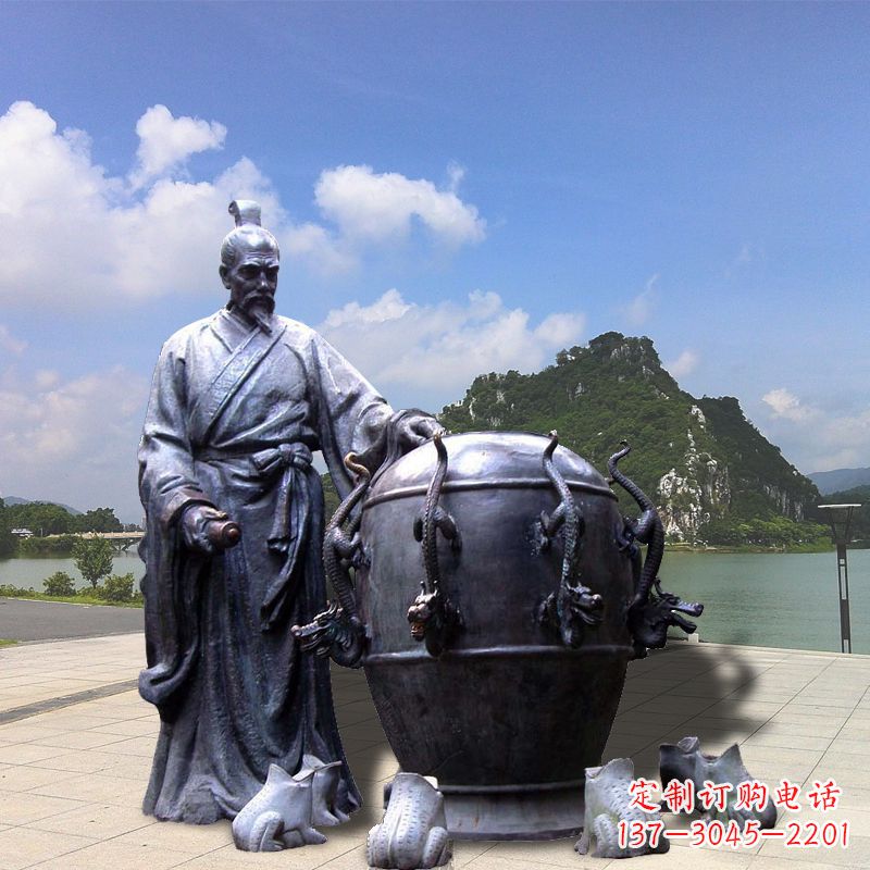 福建张衡地动仪地震仪雕塑-玻璃钢仿铜历史名人情景雕塑