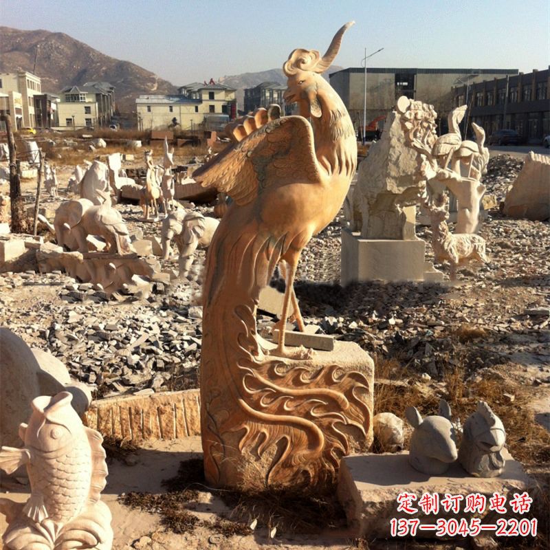 福建中国文化元素神鸟凤凰晚霞红石雕
