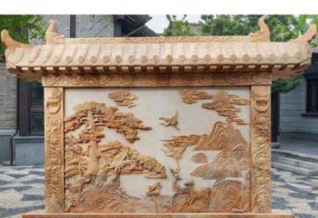 福建园林景观晚霞红松鹤石浮雕影壁