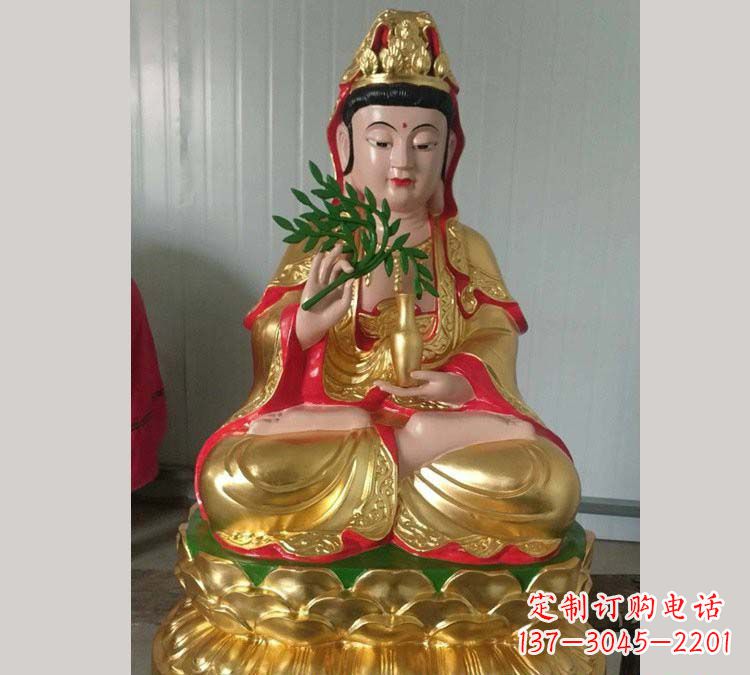 福建铸铜贴金杨柳观音雕塑