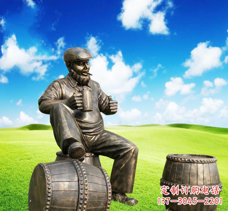 福建坐酒桶喝啤酒的西方人物铜雕
