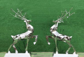 福建梅花鹿雕塑-公园两只不锈钢镜面梅花鹿雕塑