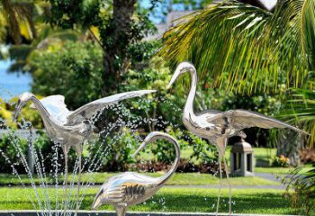 福建仙鹤雕塑-公园池塘不锈钢喷泉中的仙鹤雕塑